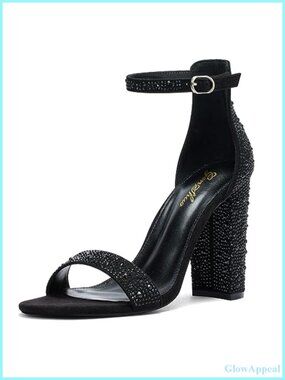 Women's 4-Inch Chunky High Heel Sandals with Ankle Strap, Open Toe, Suede Insole